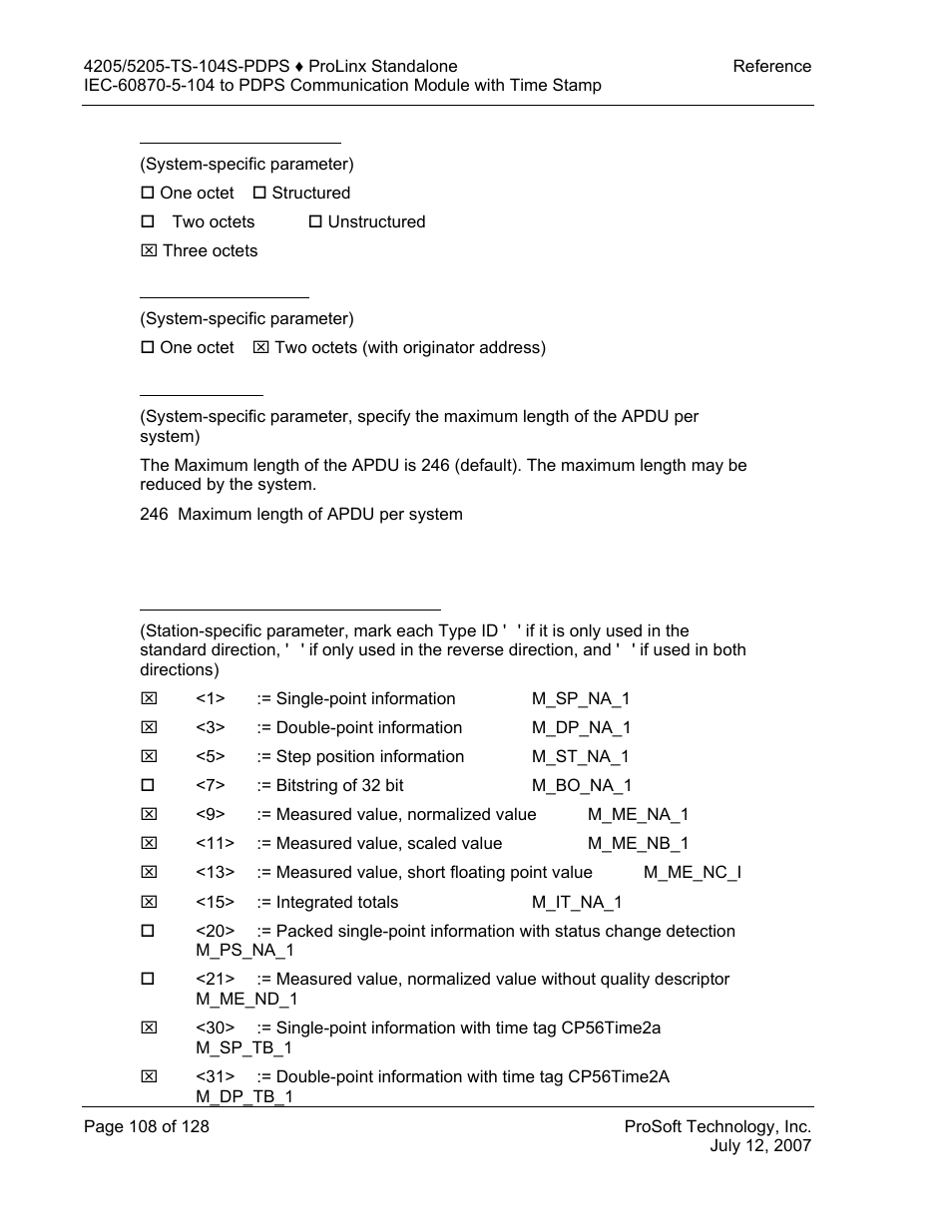 Information object address, Cause of transmission, Length of apdu | Selection of standard asdus, Process information in monitor direction | ProSoft Technology 5205-104S-PDPS User Manual | Page 108 / 128