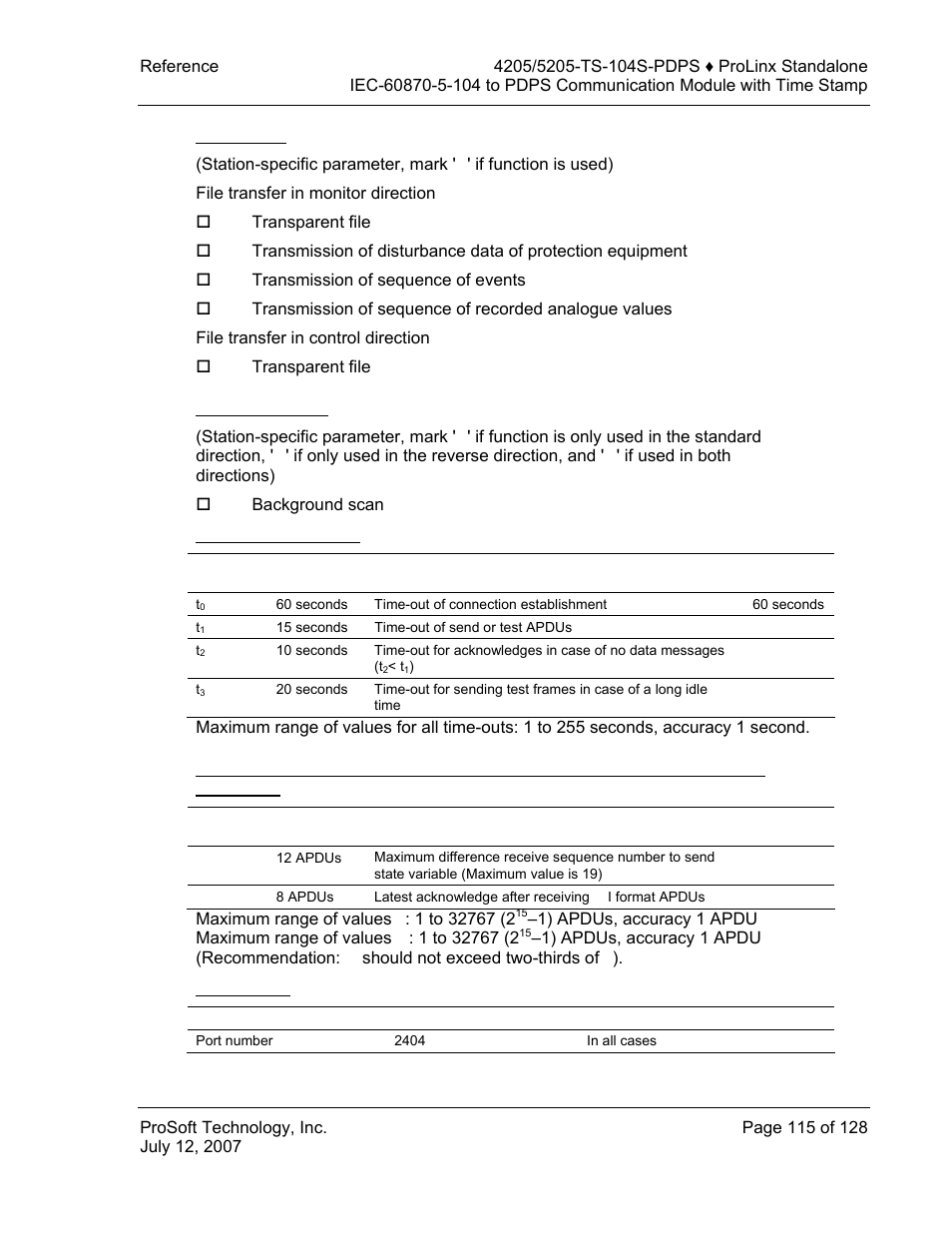 File transfer, Background scan, Definition of time outs | Port number | ProSoft Technology 5205-104S-PDPS User Manual | Page 115 / 128