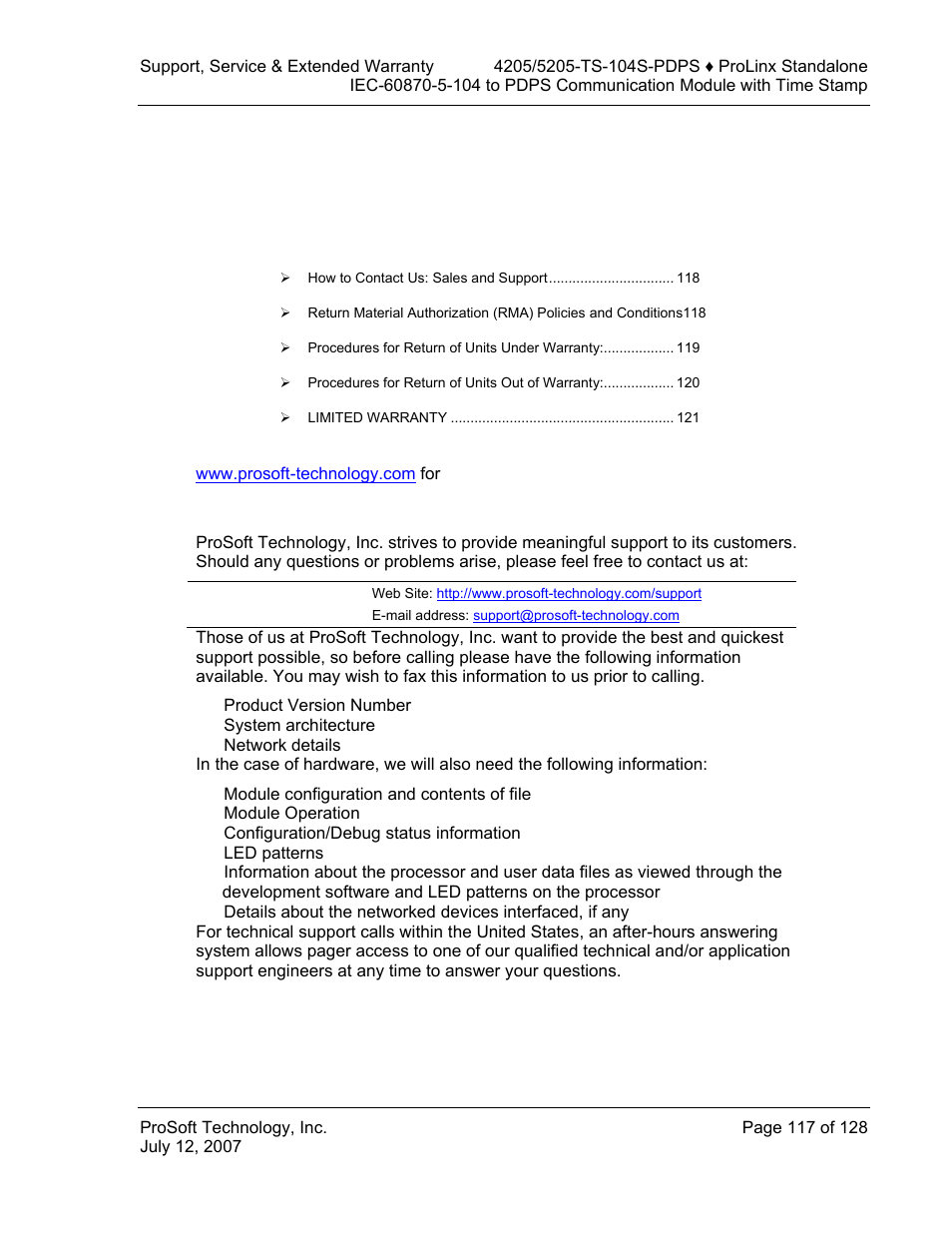 Support, service & extended warranty, 5support, service & extended warranty | ProSoft Technology 5205-104S-PDPS User Manual | Page 117 / 128