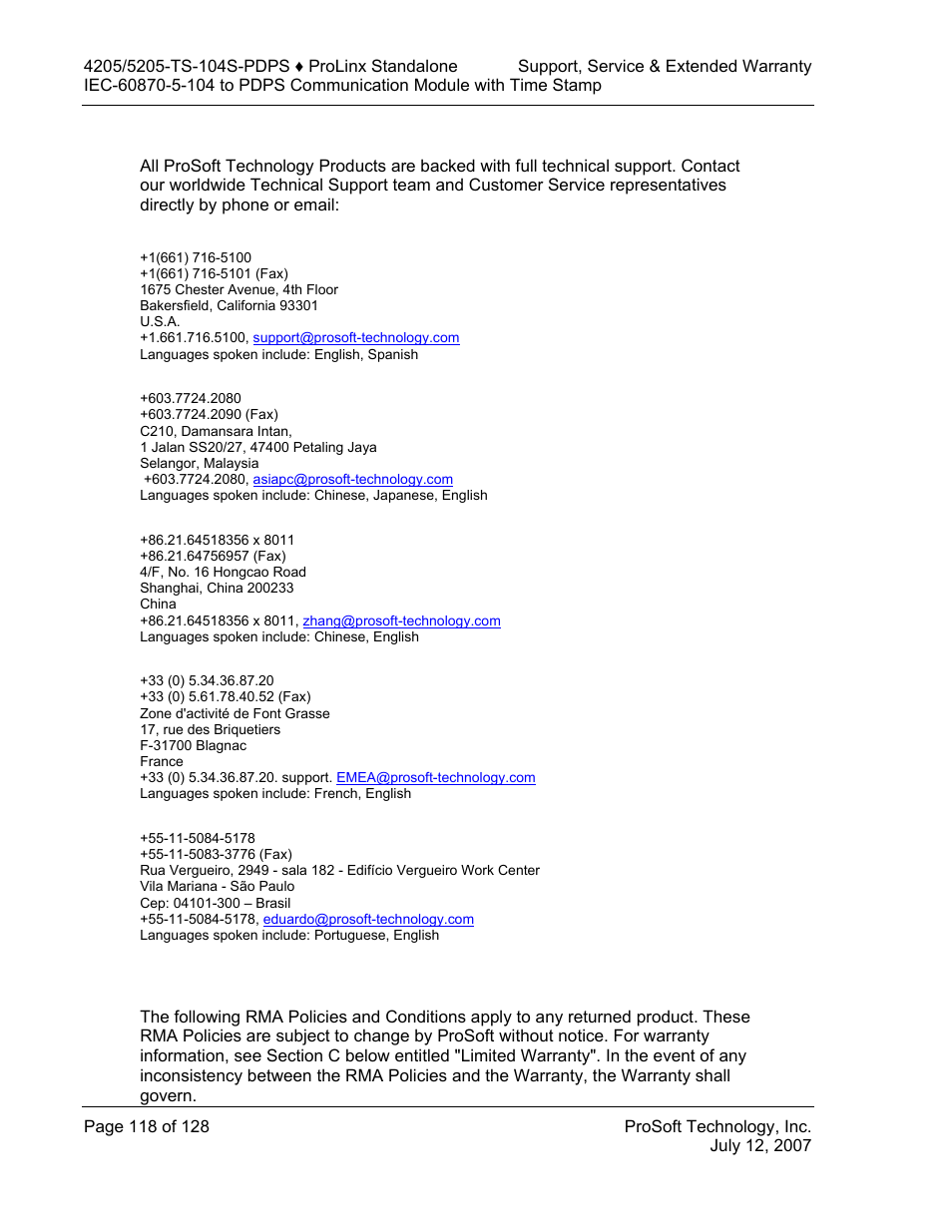 How to contact us: sales and support | ProSoft Technology 5205-104S-PDPS User Manual | Page 118 / 128