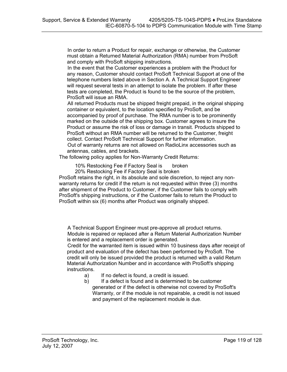 All product returns, Procedures for return of units under warranty | ProSoft Technology 5205-104S-PDPS User Manual | Page 119 / 128