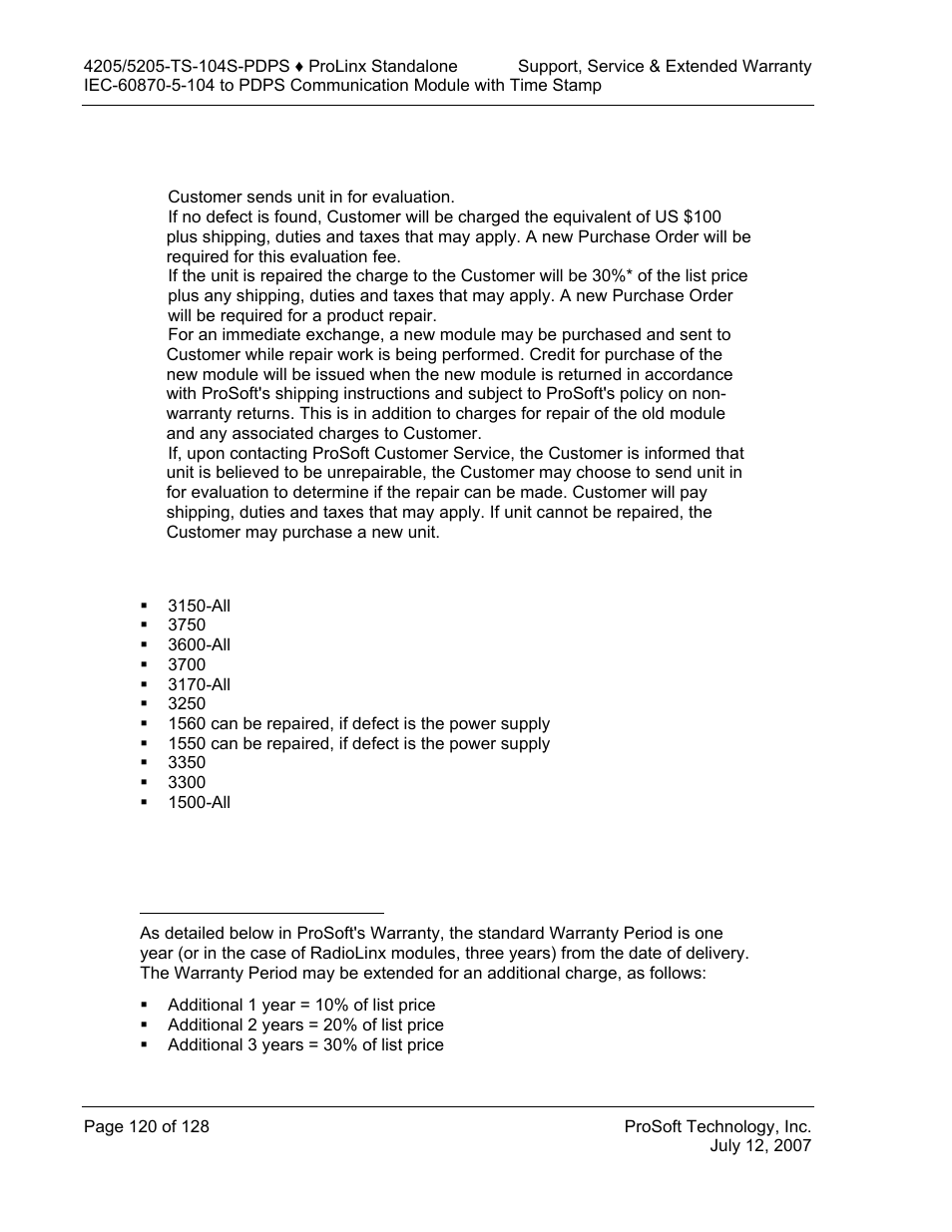 Procedures for return of units out of warranty, Un-repairable units, Purchasing warranty extension | ProSoft Technology 5205-104S-PDPS User Manual | Page 120 / 128