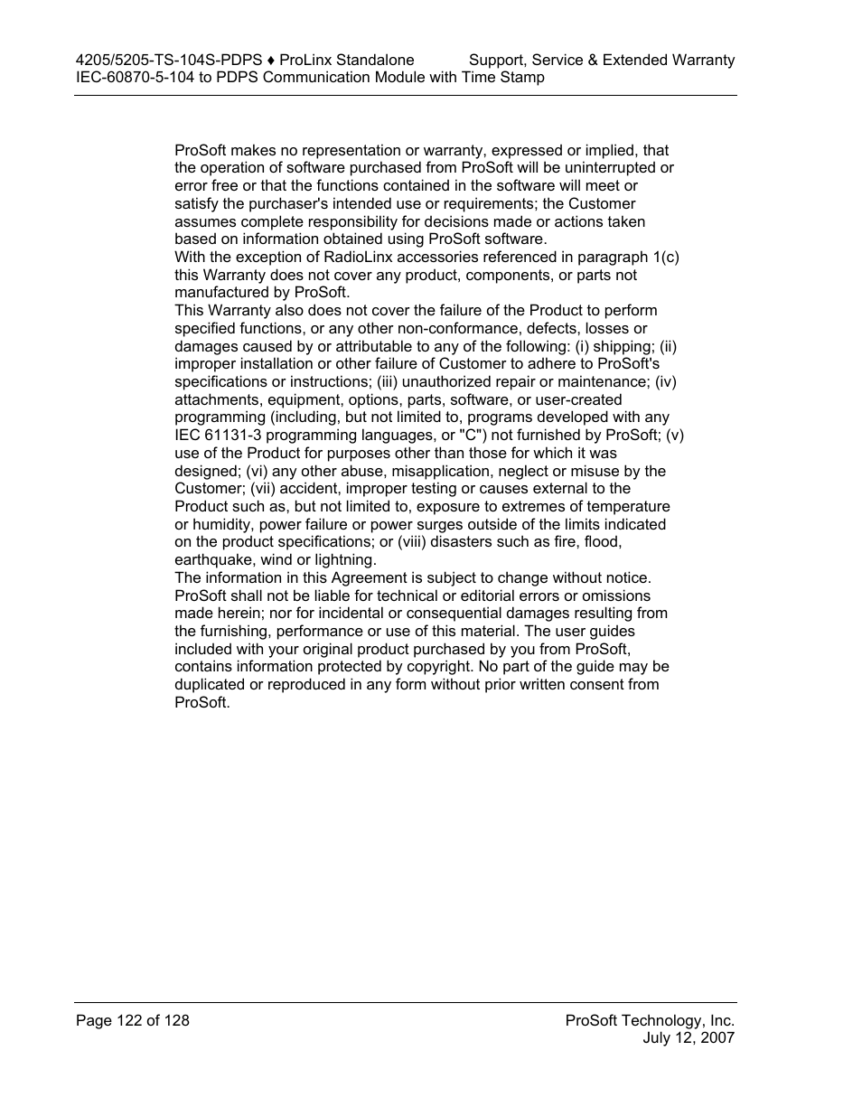 What is not covered by this warranty, Disclaimer regarding high risk activities | ProSoft Technology 5205-104S-PDPS User Manual | Page 122 / 128