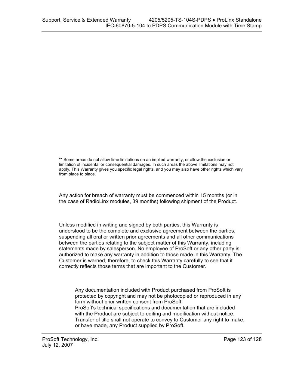 Disclaimer of all other warranties, Limitation of remedies, Time limit for bringing suit | No other warranties, Intellectual property | ProSoft Technology 5205-104S-PDPS User Manual | Page 123 / 128