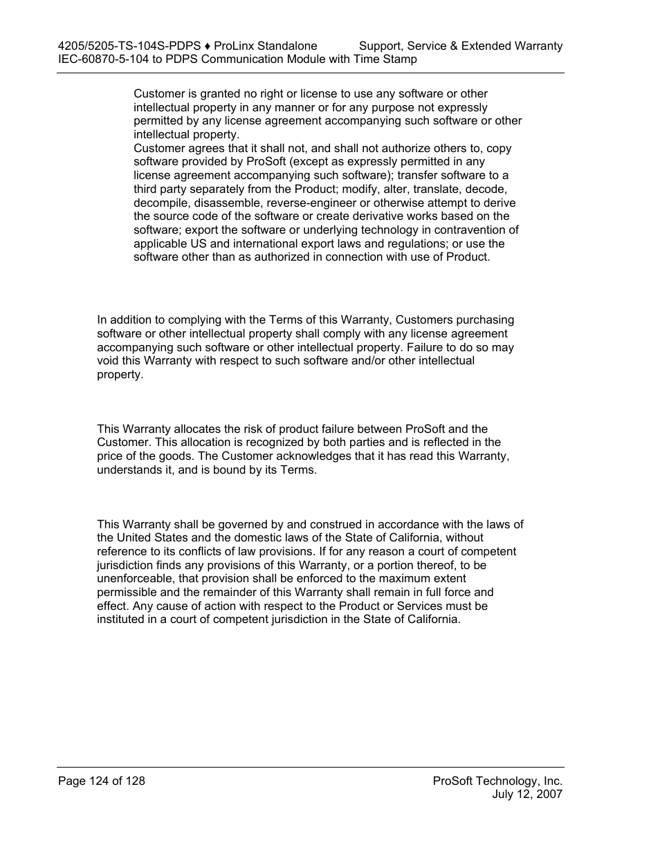 Allocation of risks, Controlling law and severability | ProSoft Technology 5205-104S-PDPS User Manual | Page 124 / 128