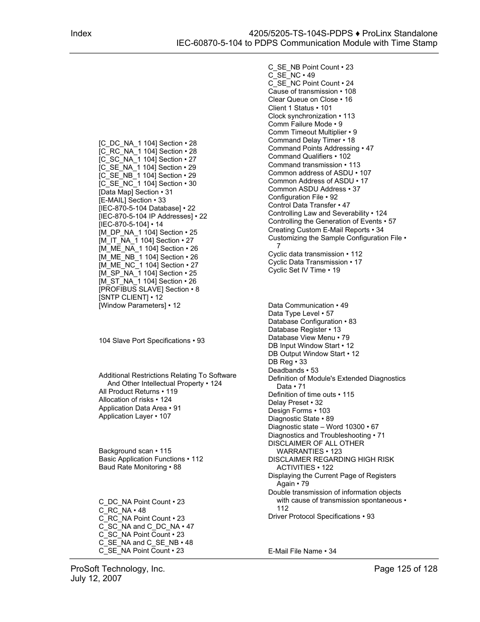 Index | ProSoft Technology 5205-104S-PDPS User Manual | Page 125 / 128