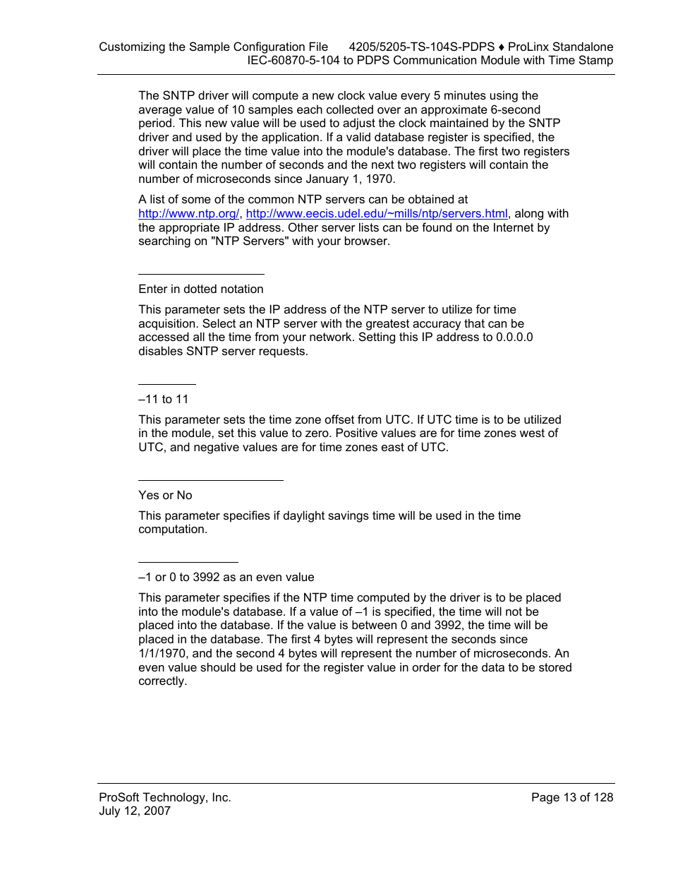 Ntp server ip address, Time zone, Use daylight savings time | Database register | ProSoft Technology 5205-104S-PDPS User Manual | Page 13 / 128