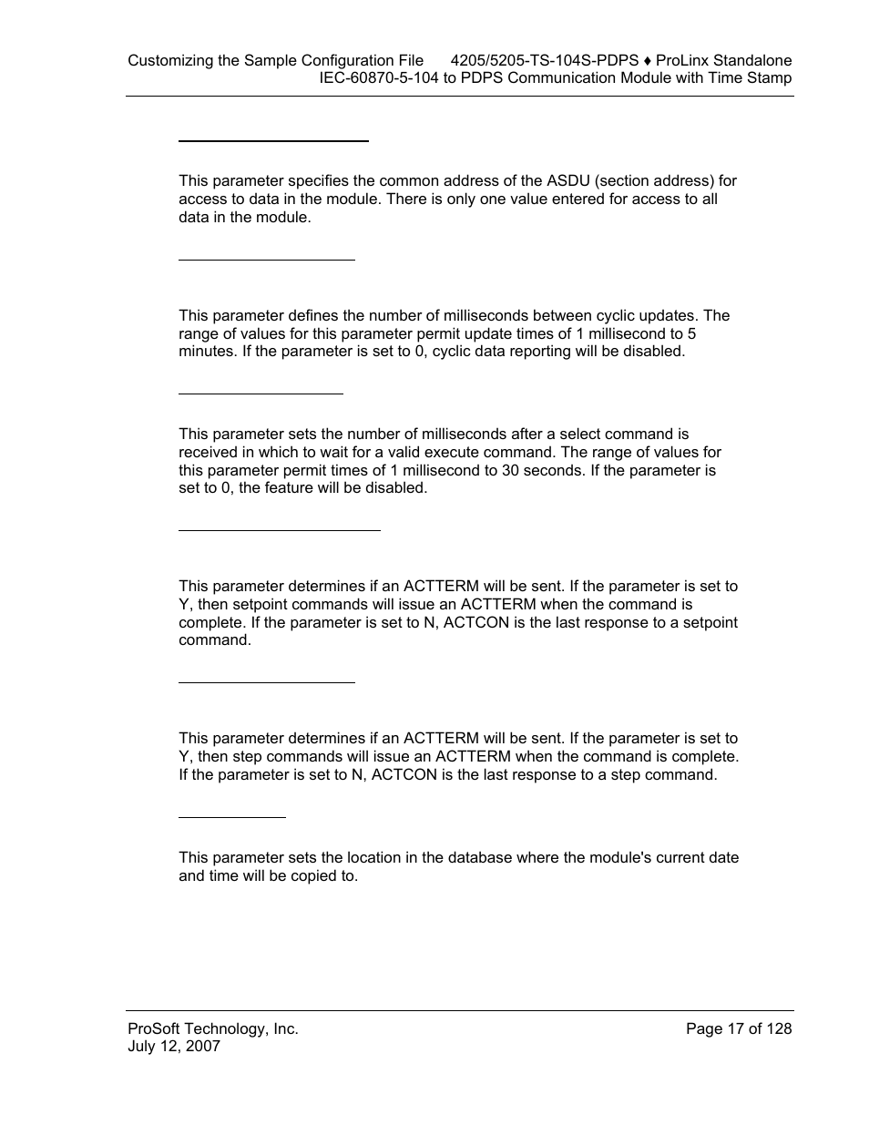 Common address of asdu, Cyclic data transmission, Select/operate timeout | Use actterm with setpoint, Use actterm with step, Time db offset | ProSoft Technology 5205-104S-PDPS User Manual | Page 17 / 128