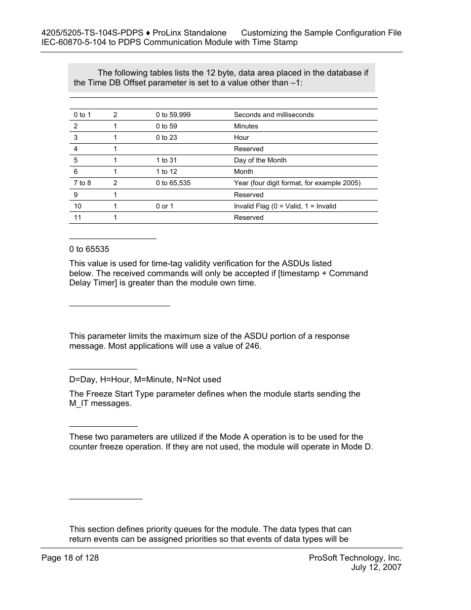 Command delay timer, Maximum asdu resp len, Freeze start type | Interval for freeze, Set priority queues | ProSoft Technology 5205-104S-PDPS User Manual | Page 18 / 128