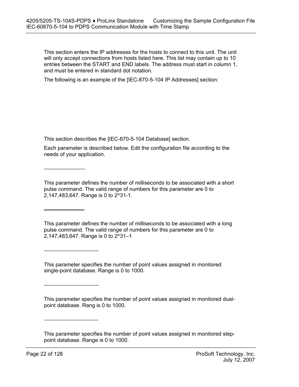 Iec-870-5-104 ip addresses, Iec-870-5-104 database, Short pulse time | Long pulse time, M_sp_na point count, M_dp_na point count, M_st_na point count | ProSoft Technology 5205-104S-PDPS User Manual | Page 22 / 128