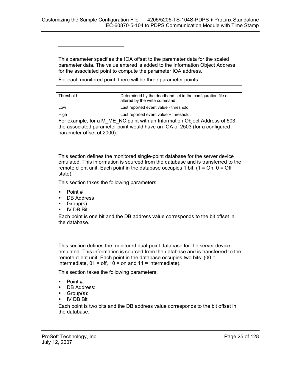 M_me_nc parameter offset, M_sp_na_1 104] section, M_dp_na_1 104] section | ProSoft Technology 5205-104S-PDPS User Manual | Page 25 / 128