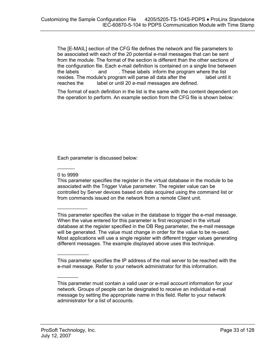 E-mail] section, Db reg, Trigger value | Mail server ip, To name, E-mail, Section | ProSoft Technology 5205-104S-PDPS User Manual | Page 33 / 128