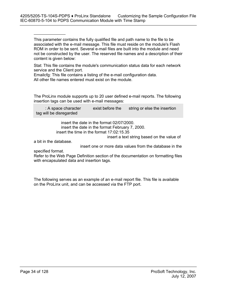 E-mail file name, Creating custom e-mail reports, Example e-mail report file | Creating, Custom, E-mail reports, Example, E-mail, Report file | ProSoft Technology 5205-104S-PDPS User Manual | Page 34 / 128