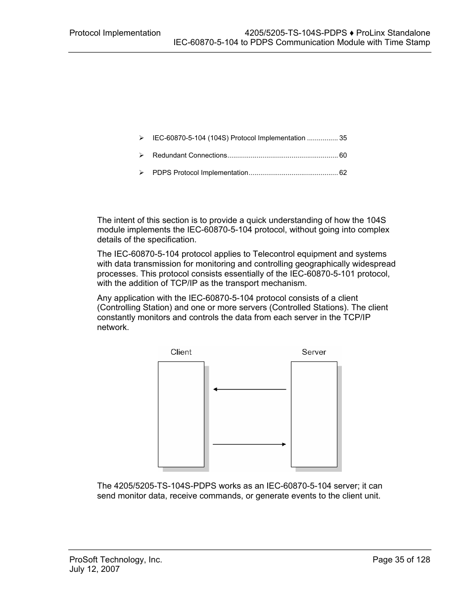 Protocol implementation, Iec-60870-5-104 (104s) protocol implementation, 2 protocol implementation | ProSoft Technology 5205-104S-PDPS User Manual | Page 35 / 128