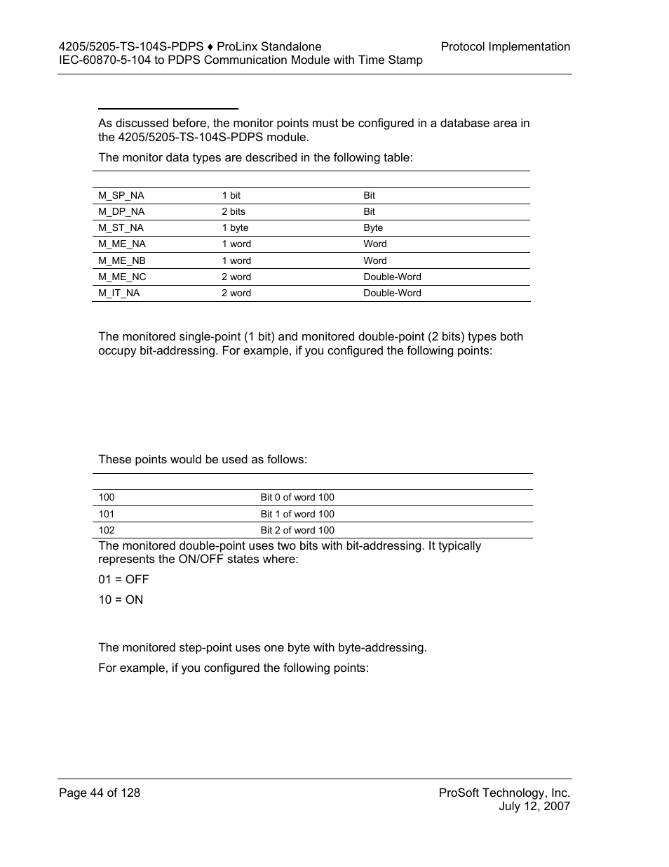 Monitor points addressing, M_sp_na and m_dp_na, M_st_na | ProSoft Technology 5205-104S-PDPS User Manual | Page 44 / 128