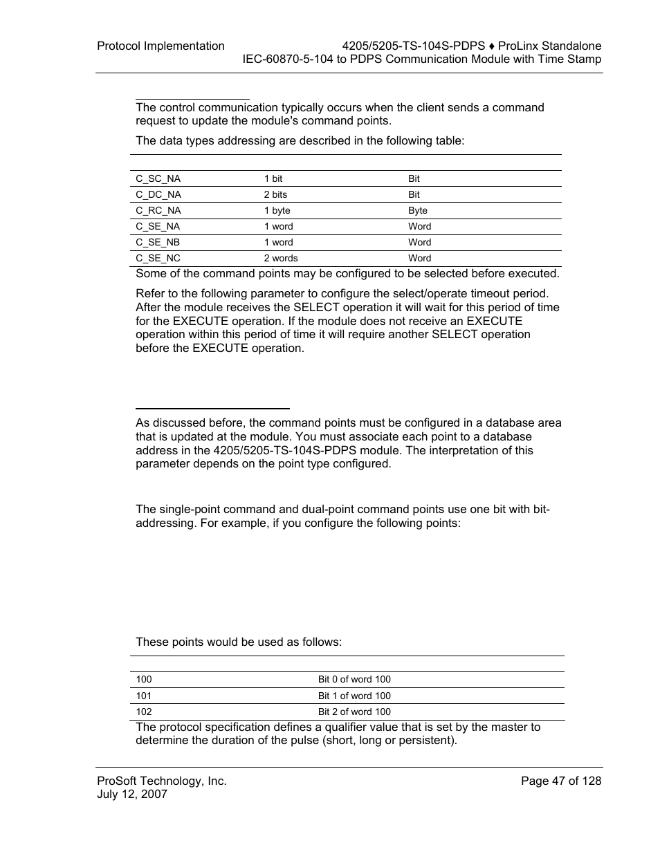 Control data transfer, Command points addressing, C_sc_na and c_dc_na | ProSoft Technology 5205-104S-PDPS User Manual | Page 47 / 128