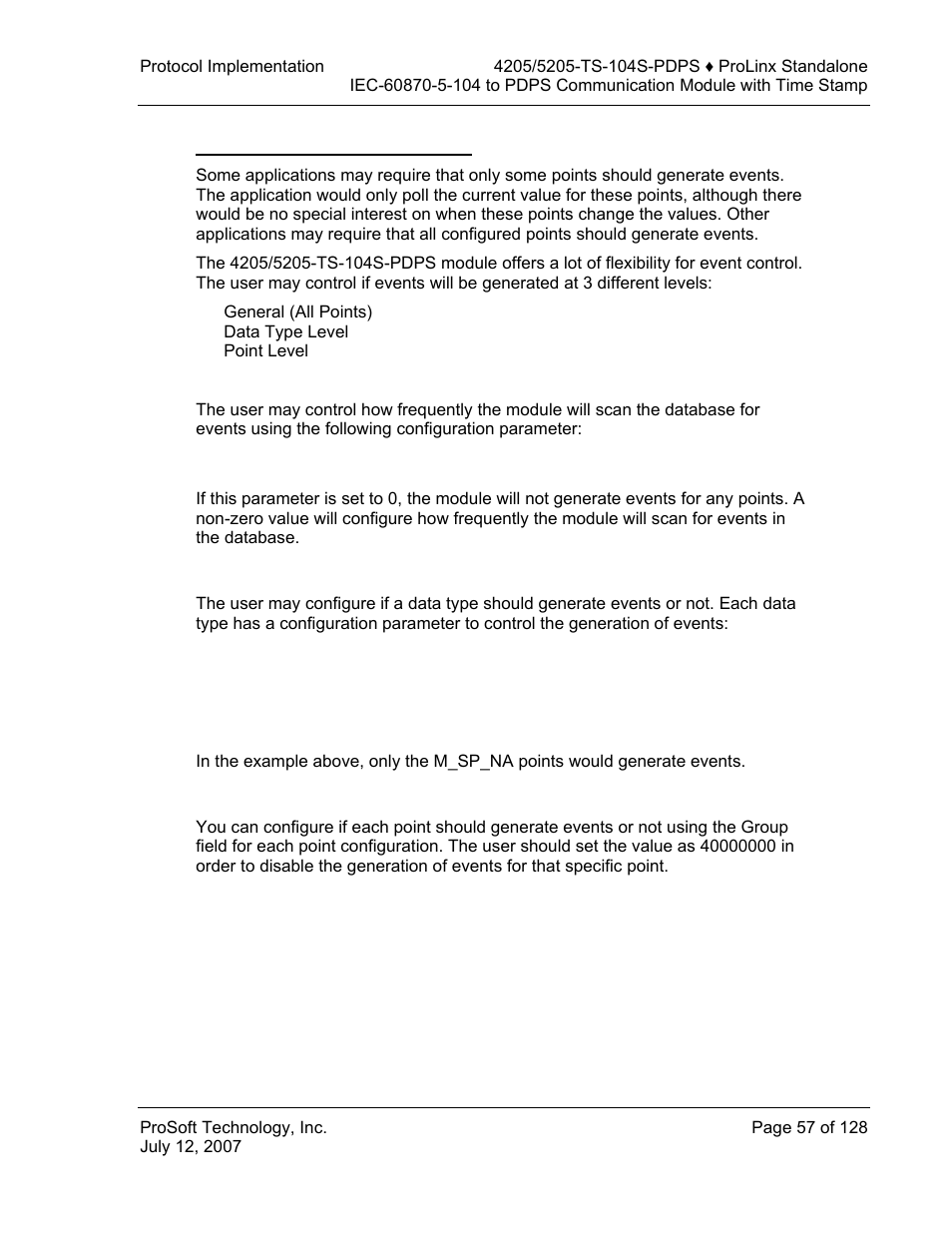 Controlling the generation of events, General (all points), Data type level | Point level | ProSoft Technology 5205-104S-PDPS User Manual | Page 57 / 128