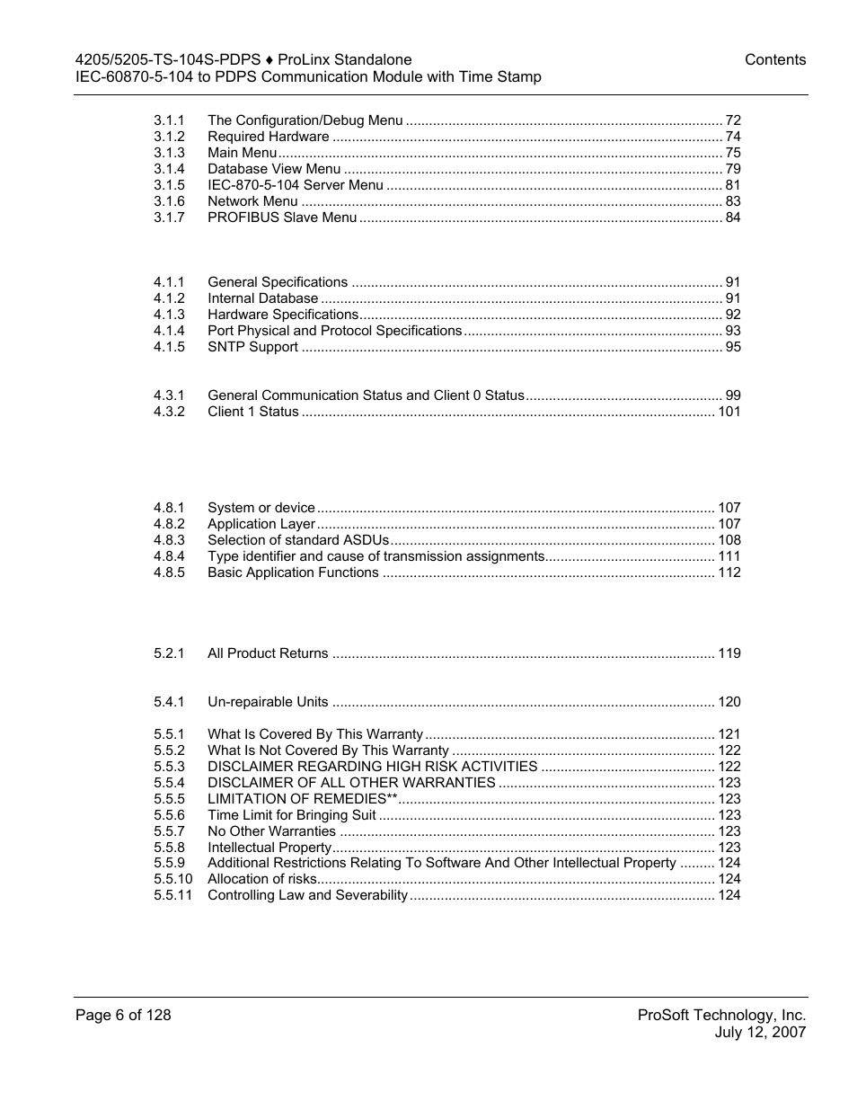 ProSoft Technology 5205-104S-PDPS User Manual | Page 6 / 128