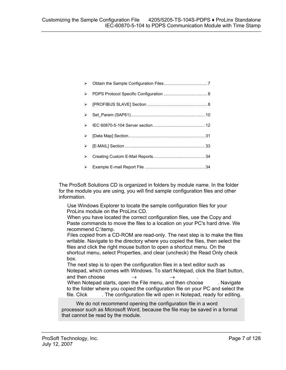 Customizing the sample configuration file, Obtain the sample configuration files, 1customizing the sample configuration file | ProSoft Technology 5205-104S-PDPS User Manual | Page 7 / 128