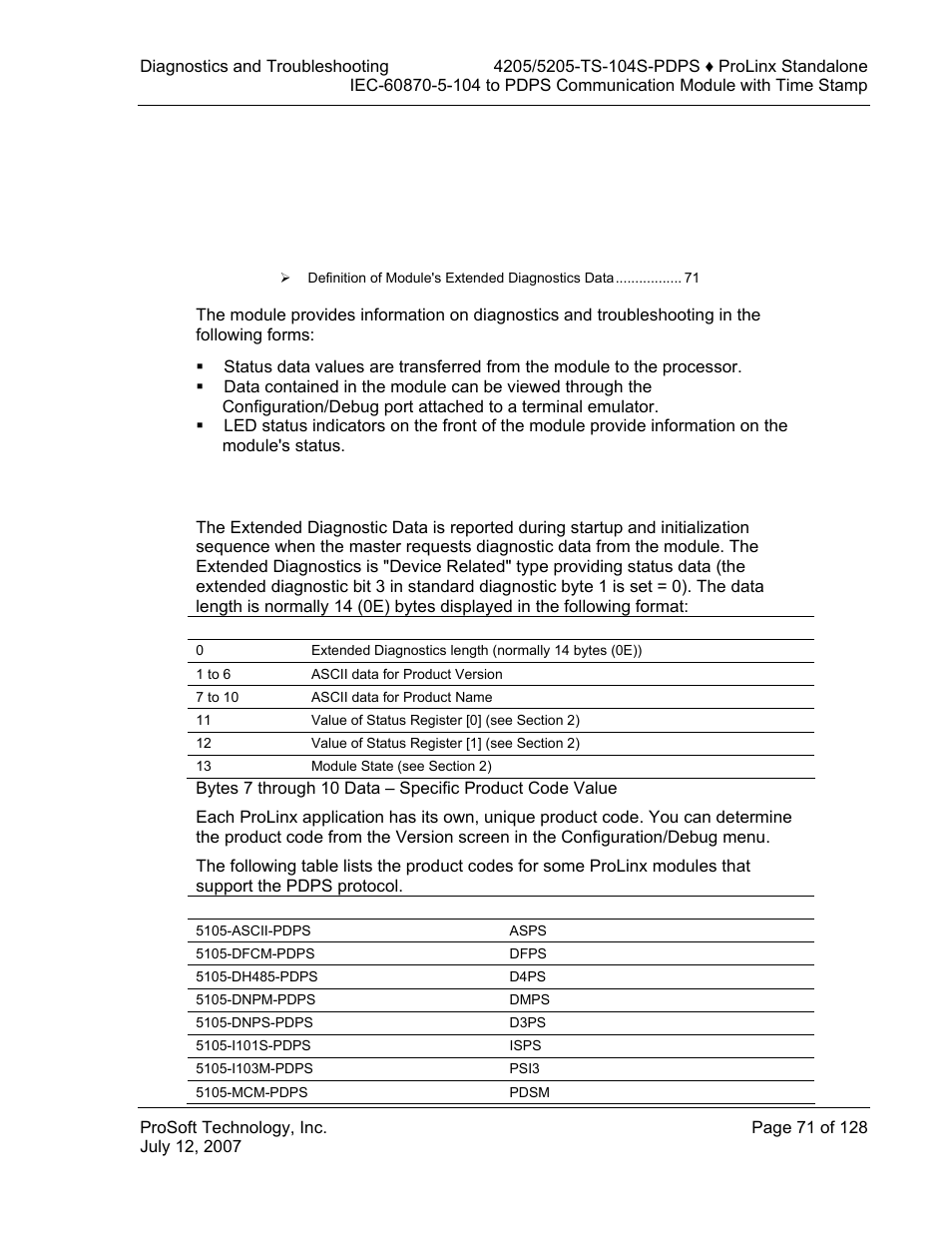 Diagnostics and troubleshooting, Definition of module's extended diagnostics data, 3 diagnostics and troubleshooting | ProSoft Technology 5205-104S-PDPS User Manual | Page 71 / 128