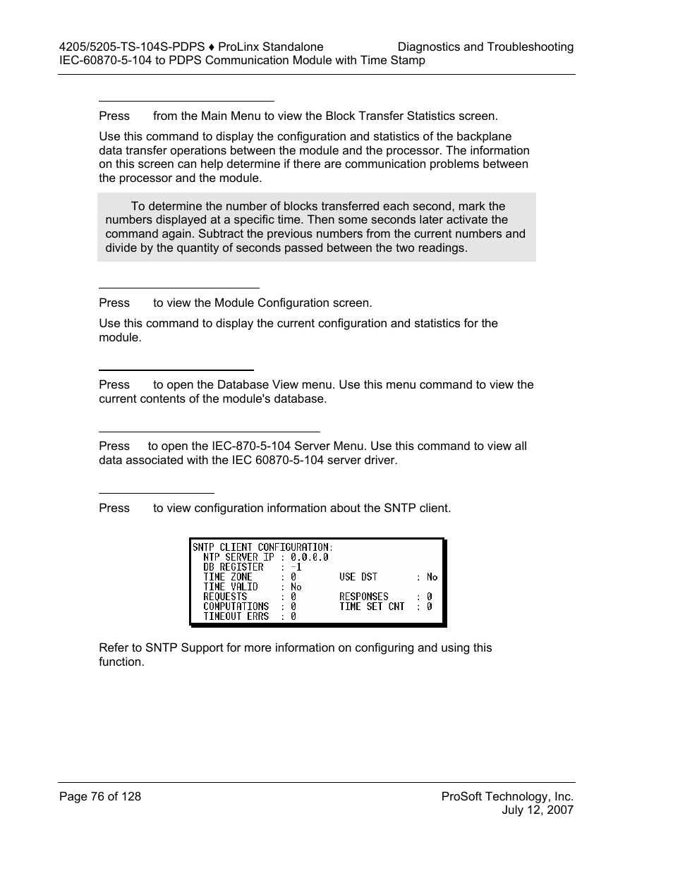 Viewing block transfer statistics, Viewing module configuration, Opening the database menu | Opening the iec-870-5-104 server menu, Viewing sntp status | ProSoft Technology 5205-104S-PDPS User Manual | Page 76 / 128