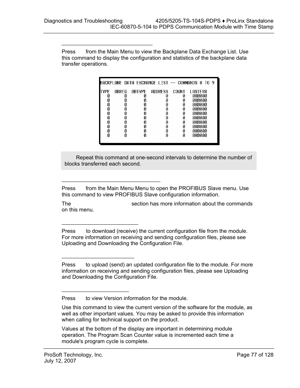 Viewing the backplane command list, Opening the session configuration menu, Receiving the configuration file | Sending the configuration file, Viewing version information | ProSoft Technology 5205-104S-PDPS User Manual | Page 77 / 128