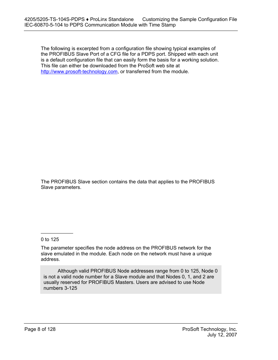 Pdps protocol specific configuration, Profibus slave] section, Slave address | Profibus, Slave] section | ProSoft Technology 5205-104S-PDPS User Manual | Page 8 / 128