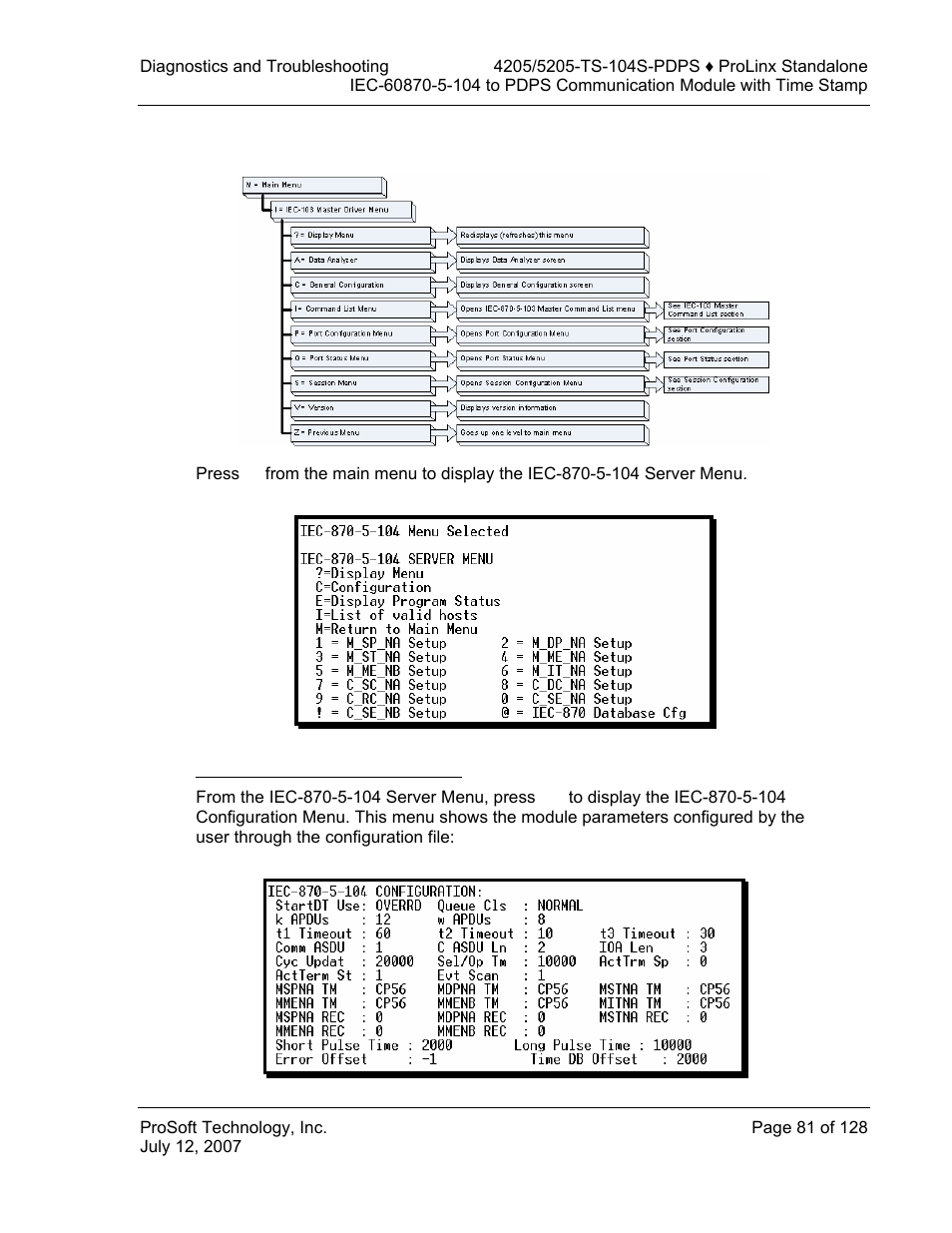 Iec-870-5-104 server menu, Iec-870-5-104 configuration menu | ProSoft Technology 5205-104S-PDPS User Manual | Page 81 / 128