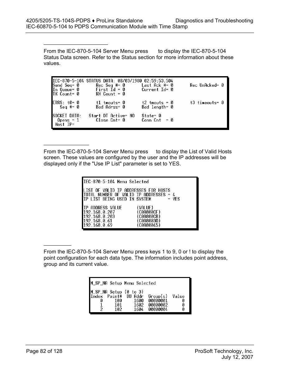 Iec-870-5-104 status data, Lists of valid hosts, Point setup | ProSoft Technology 5205-104S-PDPS User Manual | Page 82 / 128