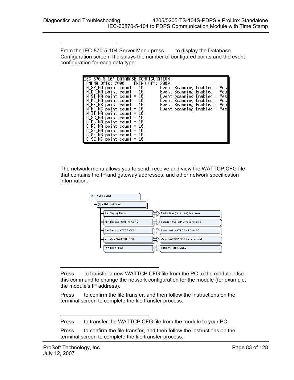 Database configuration, Network menu, Transferring wattcp.cfg to the module | Transferring wattcp.cfg to the pc | ProSoft Technology 5205-104S-PDPS User Manual | Page 83 / 128