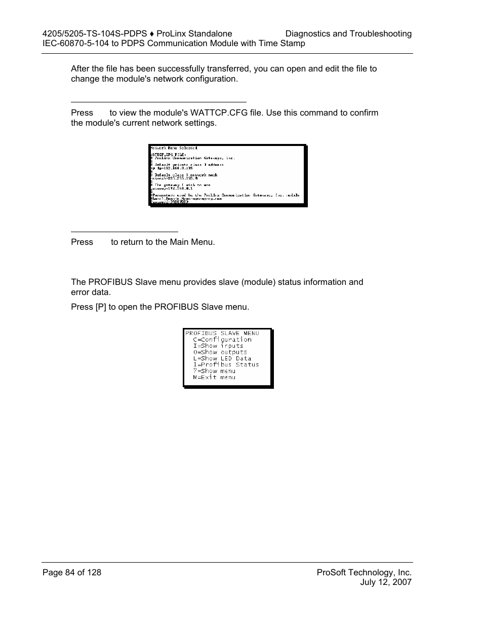 Viewing the wattcp.cfg file on the module, Returning to the main menu, Profibus slave menu | ProSoft Technology 5205-104S-PDPS User Manual | Page 84 / 128