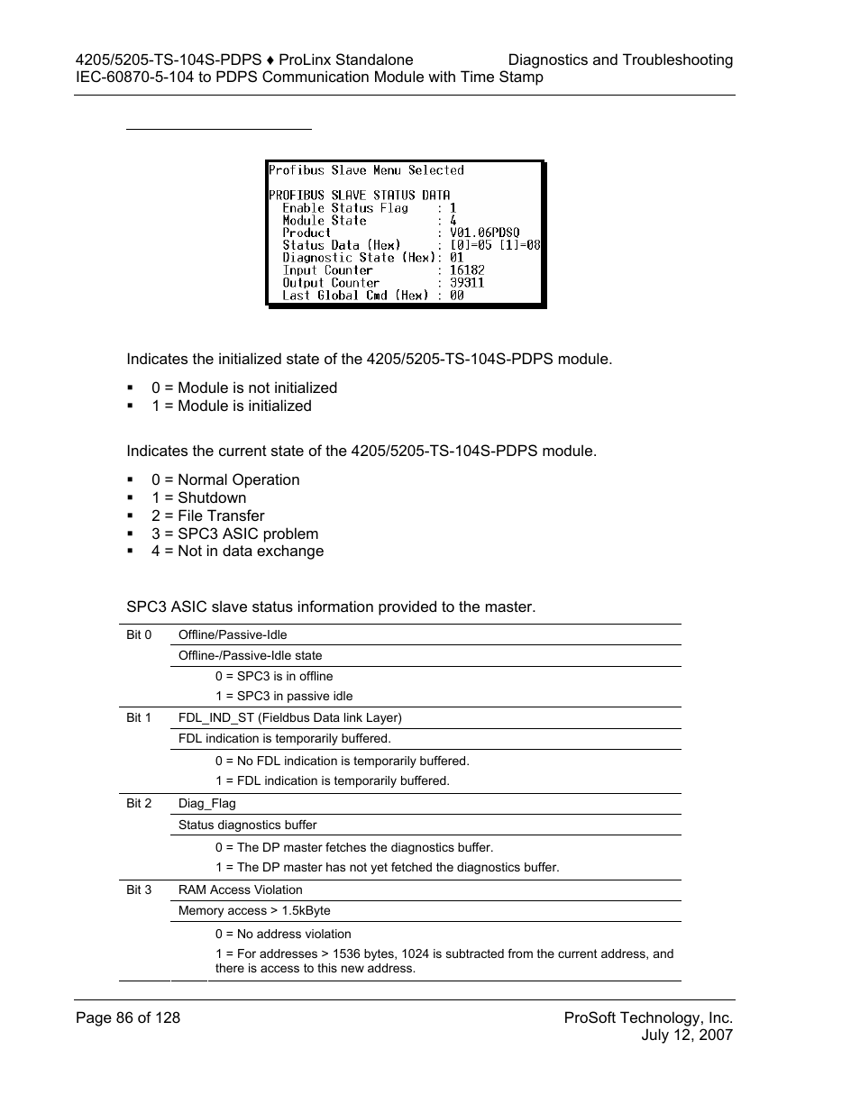 Viewing profibus status, Status register [0 | ProSoft Technology 5205-104S-PDPS User Manual | Page 86 / 128