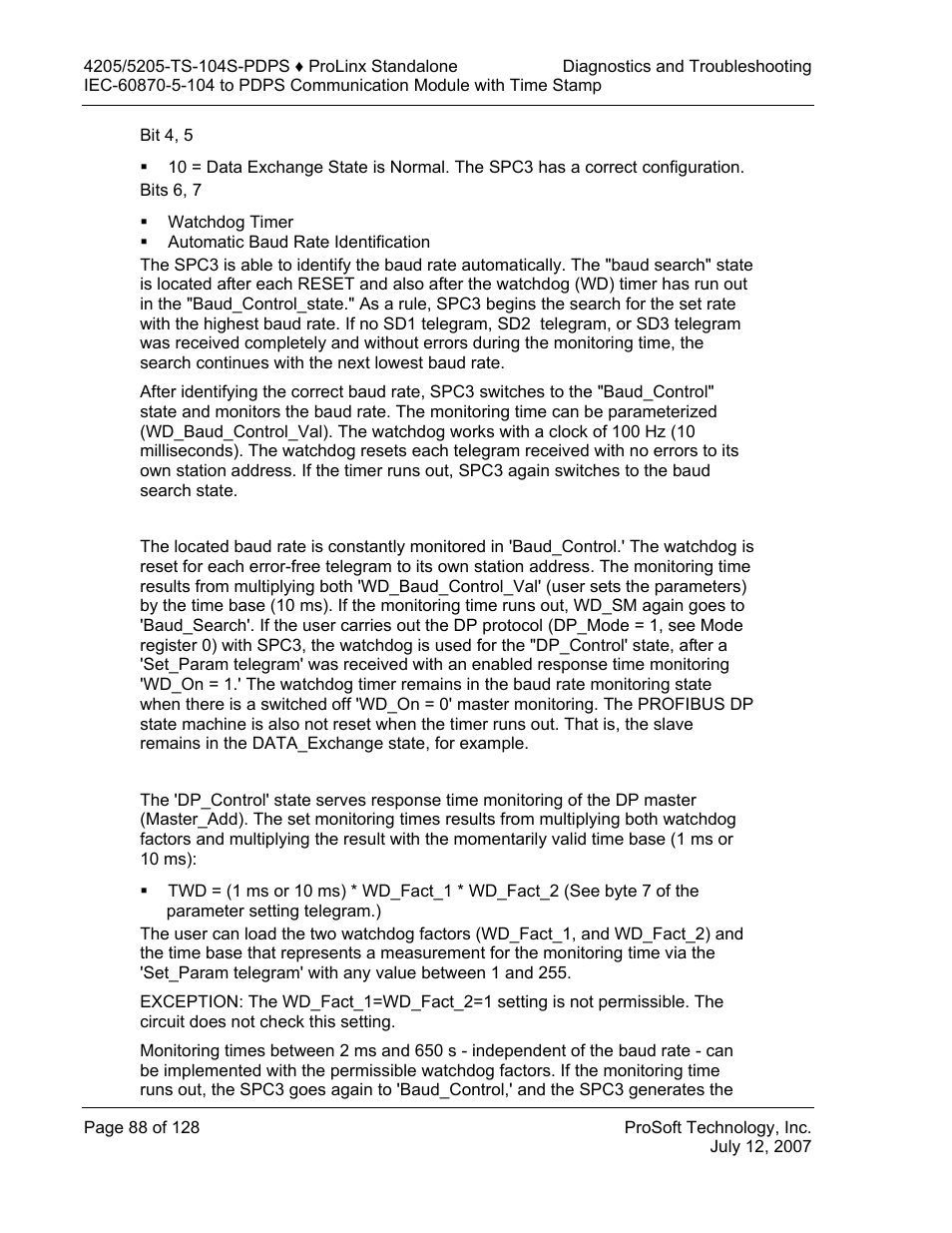Baud rate monitoring, Response time monitoring | ProSoft Technology 5205-104S-PDPS User Manual | Page 88 / 128