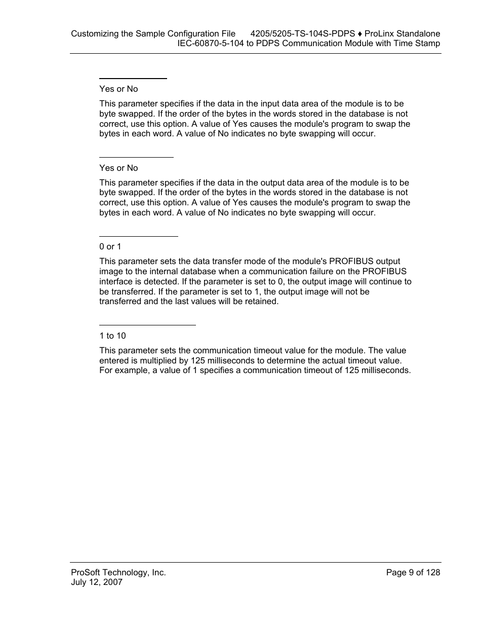 Swap input bytes, Swap output bytes, Comm failure mode | Comm timeout multiplier | ProSoft Technology 5205-104S-PDPS User Manual | Page 9 / 128