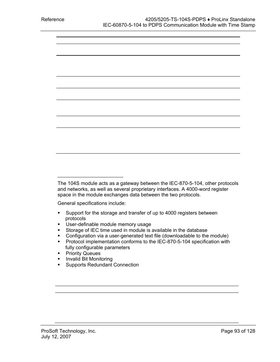 Port physical and protocol specifications, 104 slave port specifications, Driver protocol specifications | ProSoft Technology 5205-104S-PDPS User Manual | Page 93 / 128