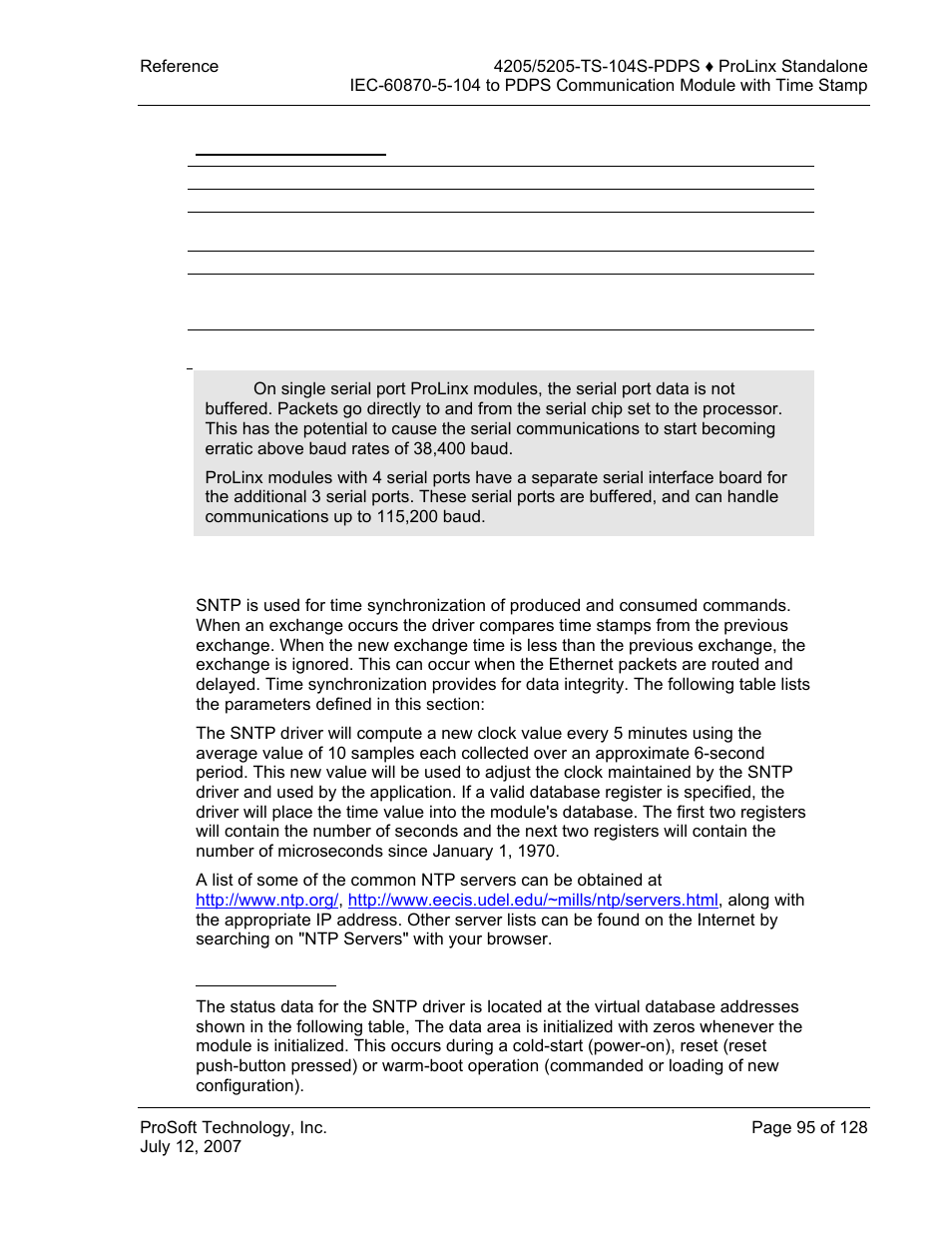 Serial port specifications, Sntp support, Sntp status data | ProSoft Technology 5205-104S-PDPS User Manual | Page 95 / 128