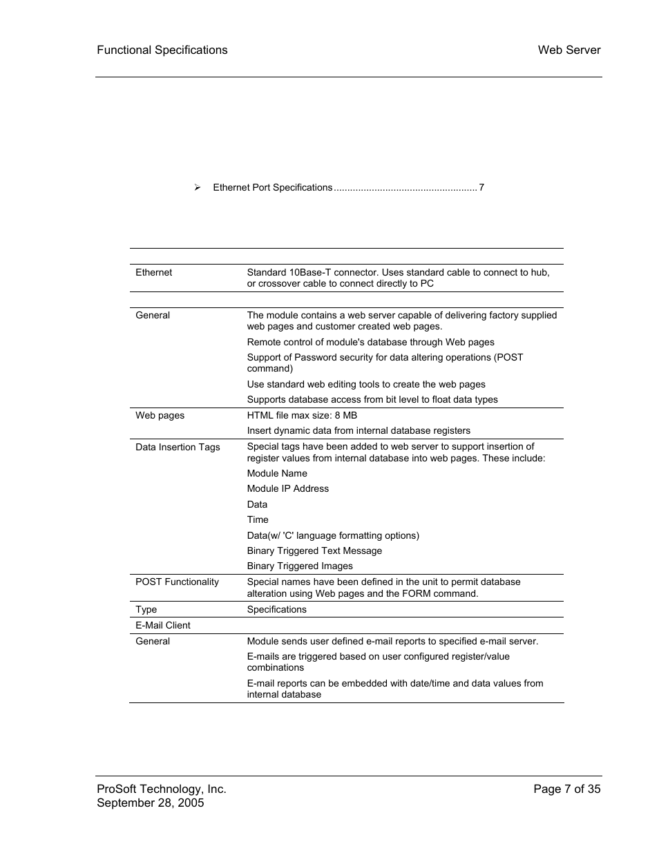 Functional specifications, Ethernet port specifications, 2 functional specifications | ProSoft Technology 5201-104S-103M User Manual | Page 7 / 35