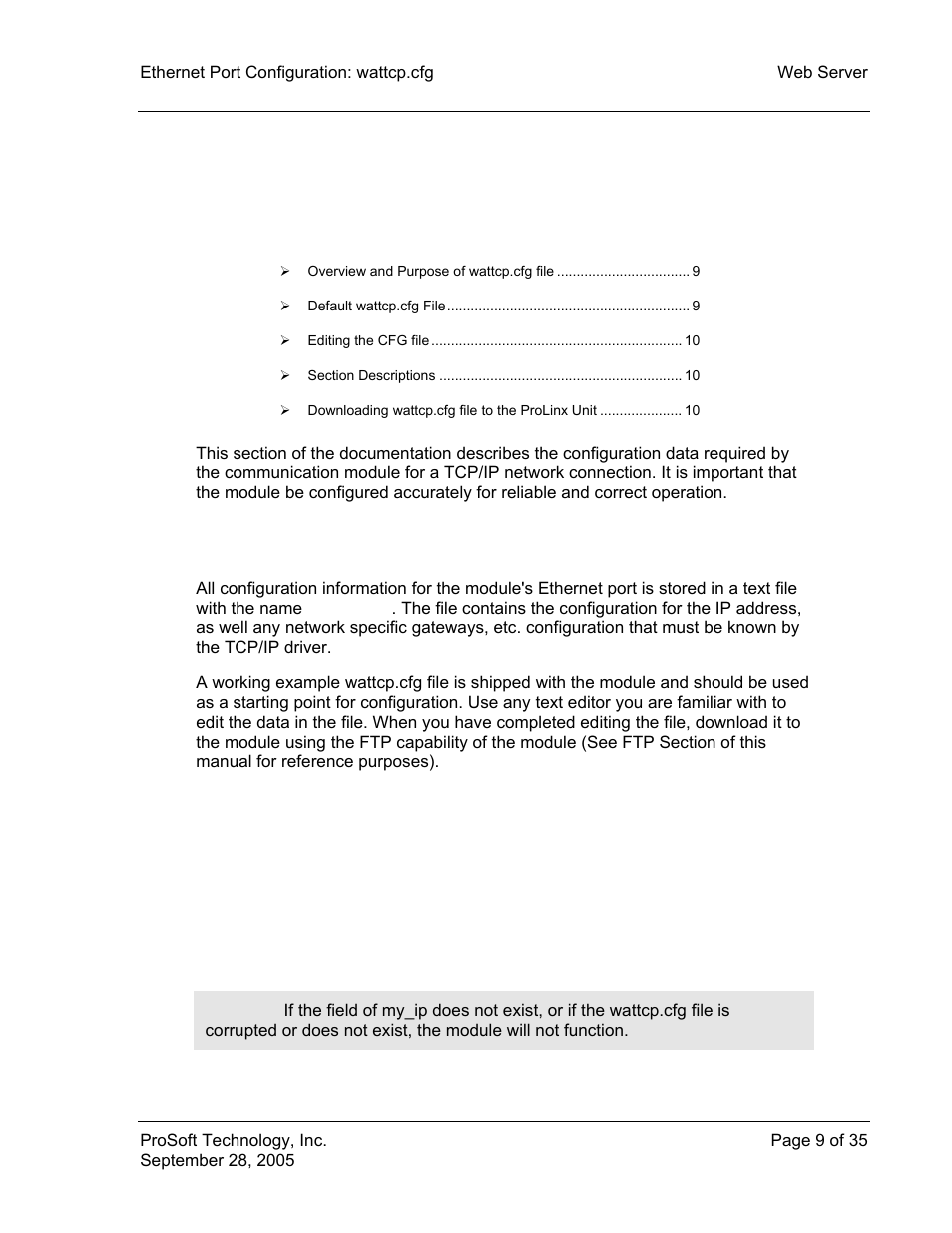 Ethernet port configuration: wattcp.cfg, Overview and purpose of wattcp.cfg file, Default wattcp.cfg file | 3ethernet port configuration: wattcp.cfg | ProSoft Technology 5201-104S-103M User Manual | Page 9 / 35