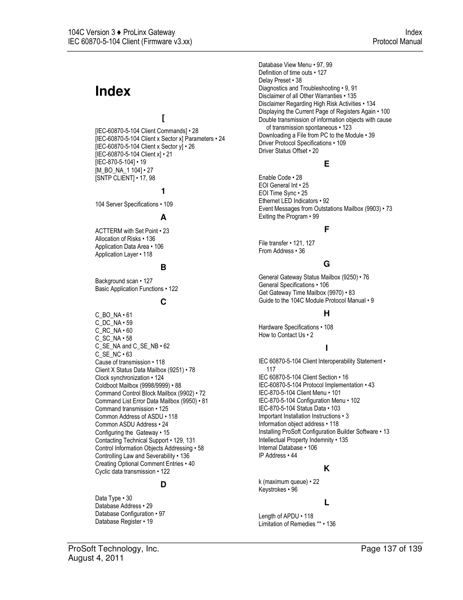 Index | ProSoft Technology 5201-DFNT-104C User Manual | Page 137 / 139