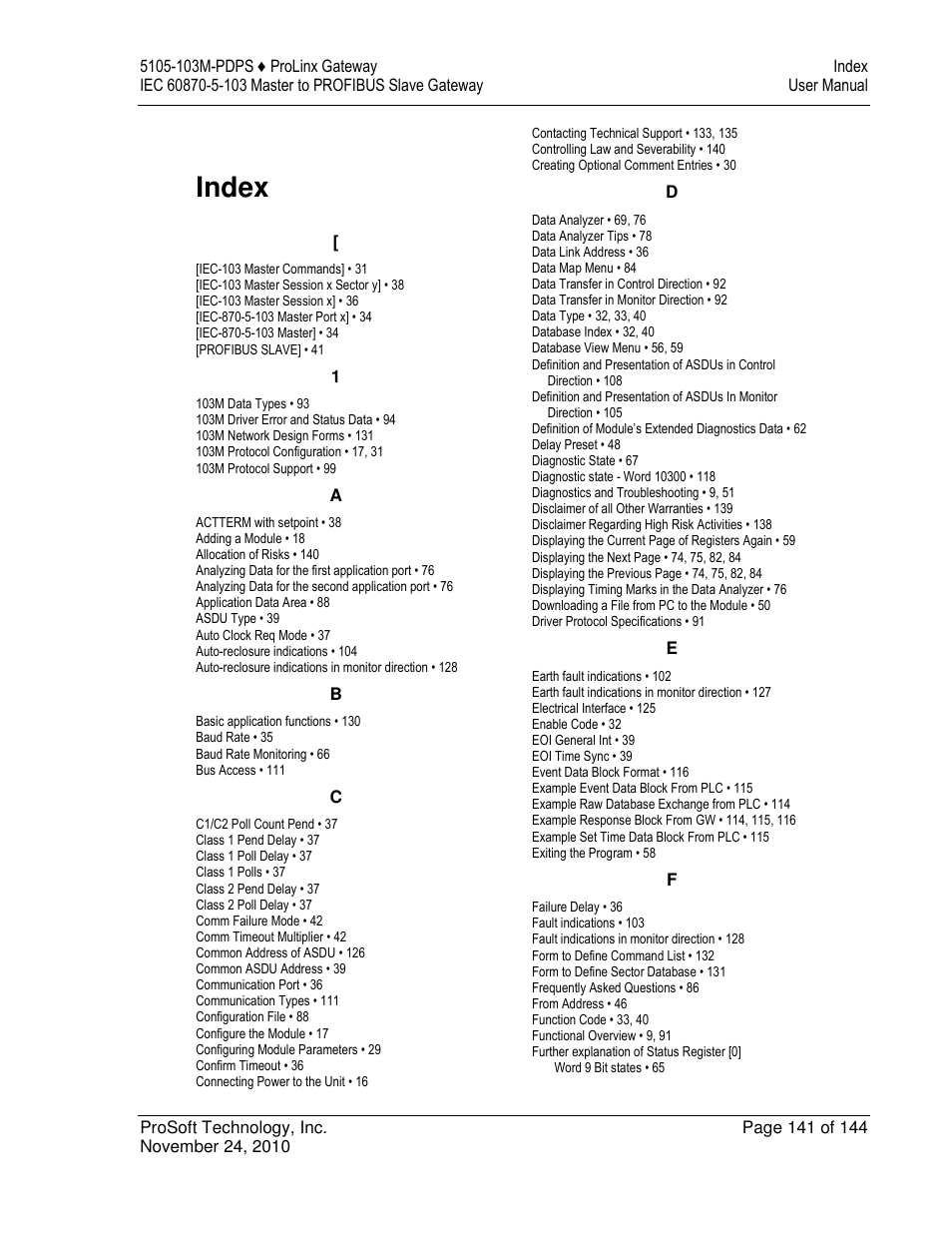 Index | ProSoft Technology 5105-103M-PDPS User Manual | Page 141 / 144