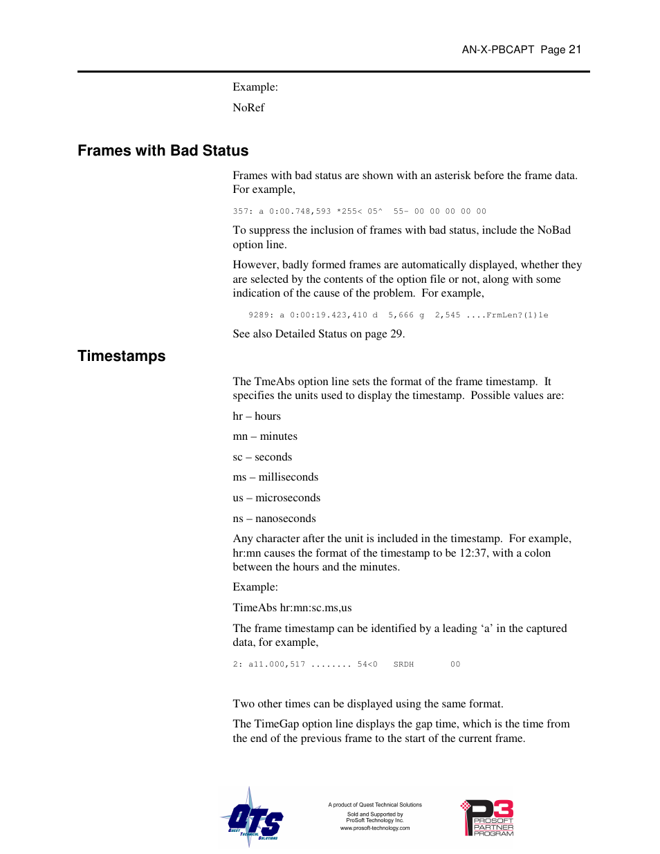 Frames with bad status, Timestamps | ProSoft Technology AN-X-PB User Manual | Page 25 / 61