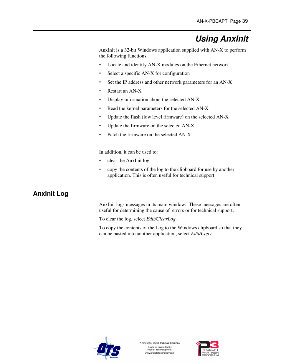 Using anxinit, Anxinit log | ProSoft Technology AN-X-PB User Manual | Page 43 / 61