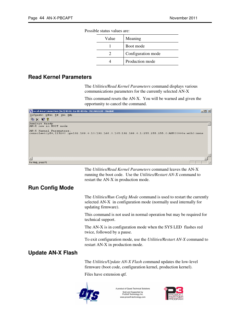 Read kernel parameters, Run config mode, Update an-x flash | ProSoft Technology AN-X-PB User Manual | Page 48 / 61