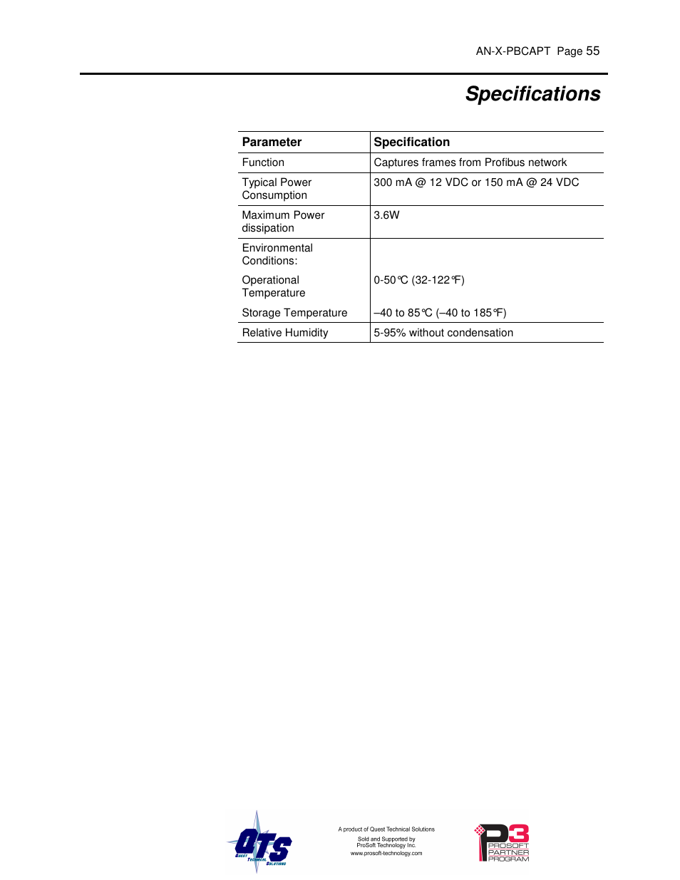 Specifications | ProSoft Technology AN-X-PB User Manual | Page 59 / 61