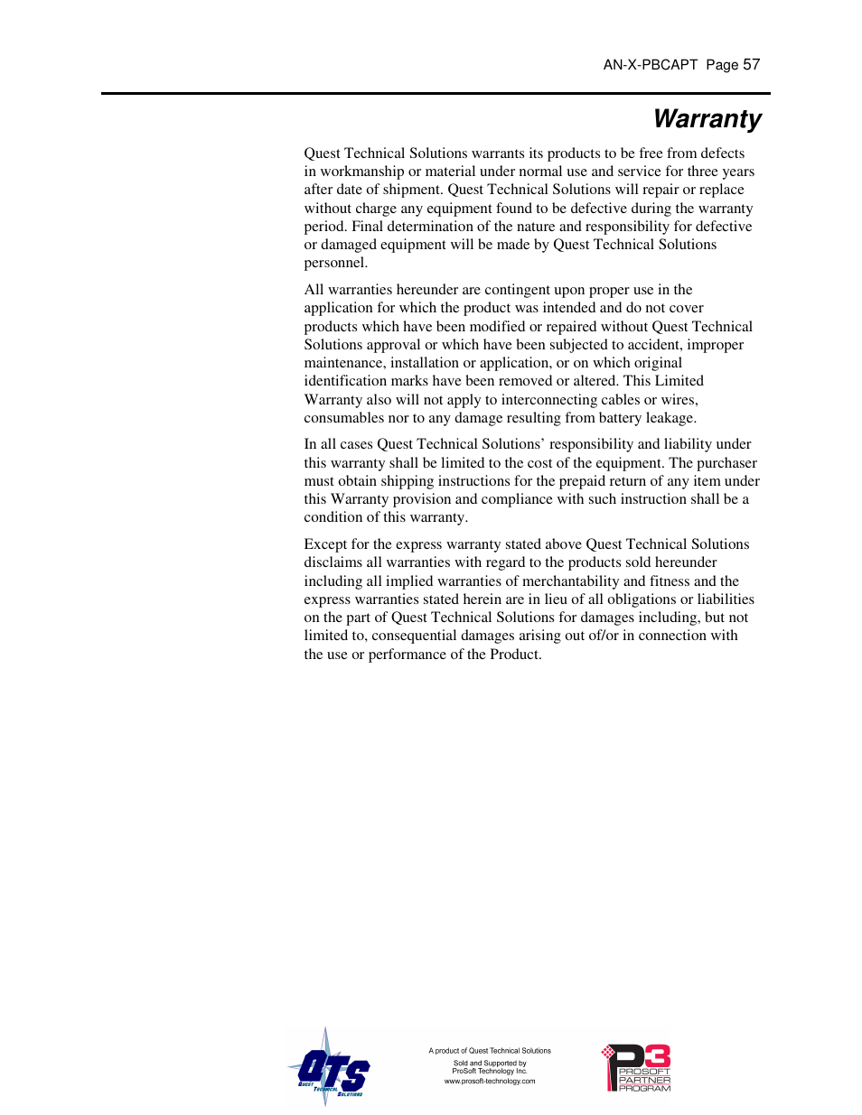 Warranty | ProSoft Technology AN-X-PB User Manual | Page 61 / 61