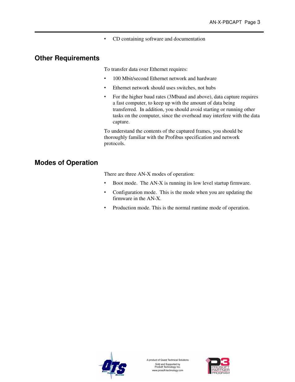 Other requirements, Modes of operation | ProSoft Technology AN-X-PB User Manual | Page 7 / 61