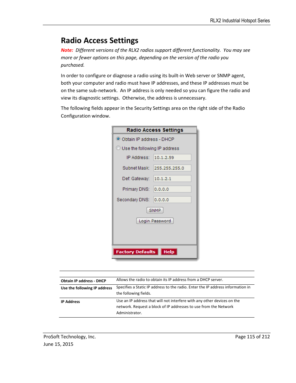 Adio, Ccess, Ettings | Radio access settings | ProSoft Technology RLX2-IHNF-WC User Manual | Page 115 / 212