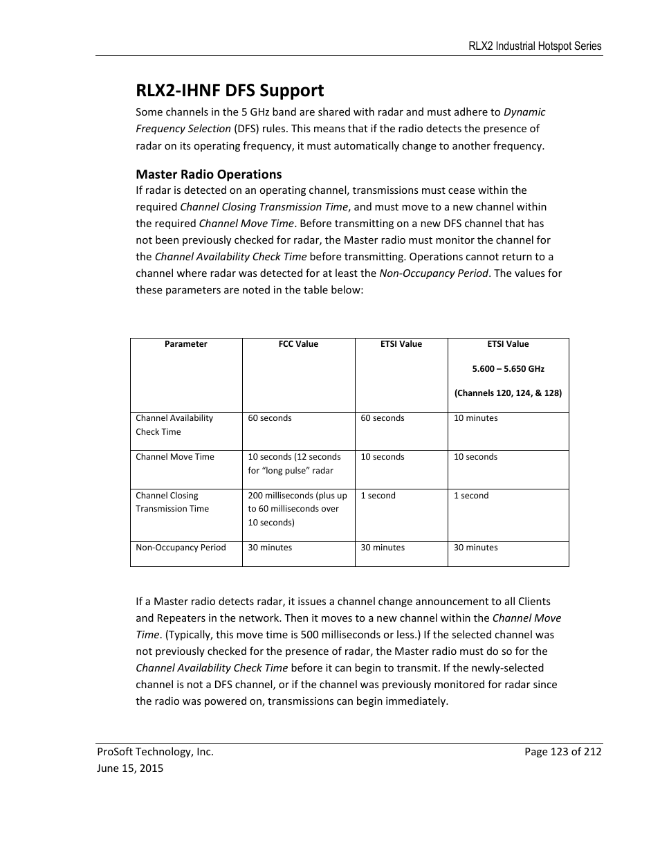 Rlx2-ihnf, Upport, Master radio operations | Rlx2-ihnf dfs support | ProSoft Technology RLX2-IHNF-WC User Manual | Page 123 / 212