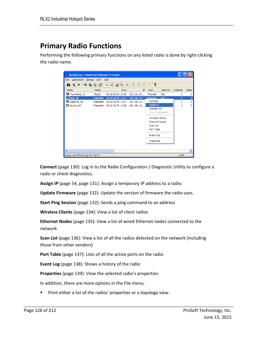 Rimary, Adio, Unctions | Primary radio functions | ProSoft Technology RLX2-IHNF-WC User Manual | Page 126 / 212