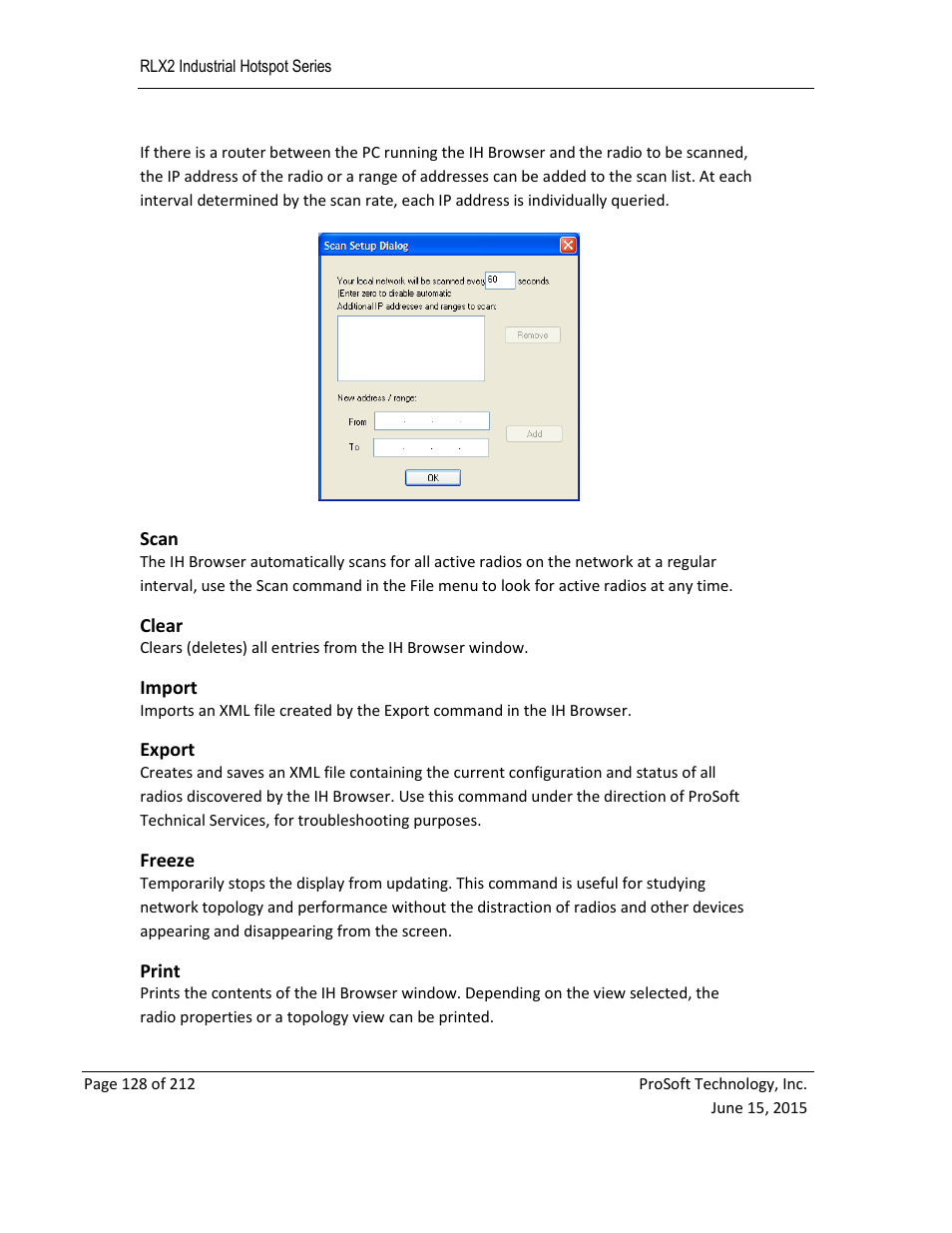 Scan, Clear, Import | Export, Freeze, Print, E 128) | ProSoft Technology RLX2-IHNF-WC User Manual | Page 128 / 212